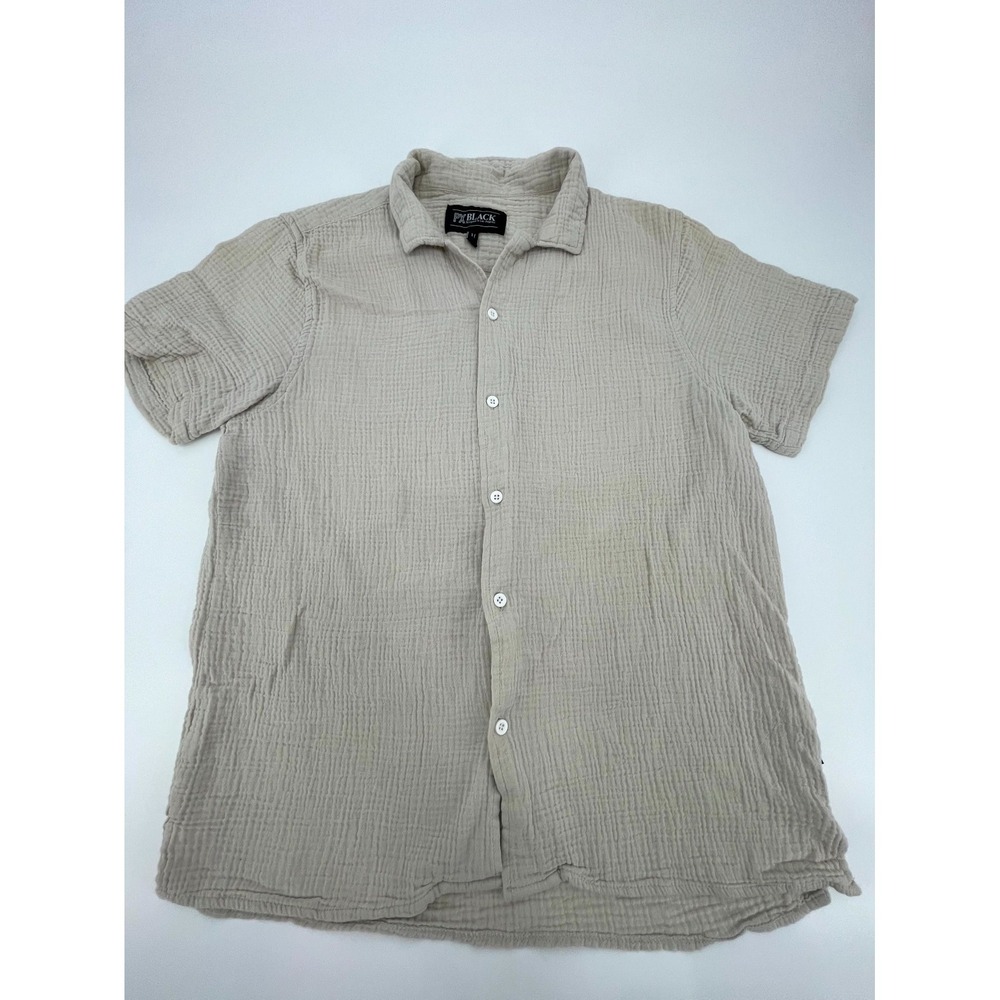 PX Clothing Black Gauze Shirt Mens Medium Beige Textured 100% Cotton Button Up
